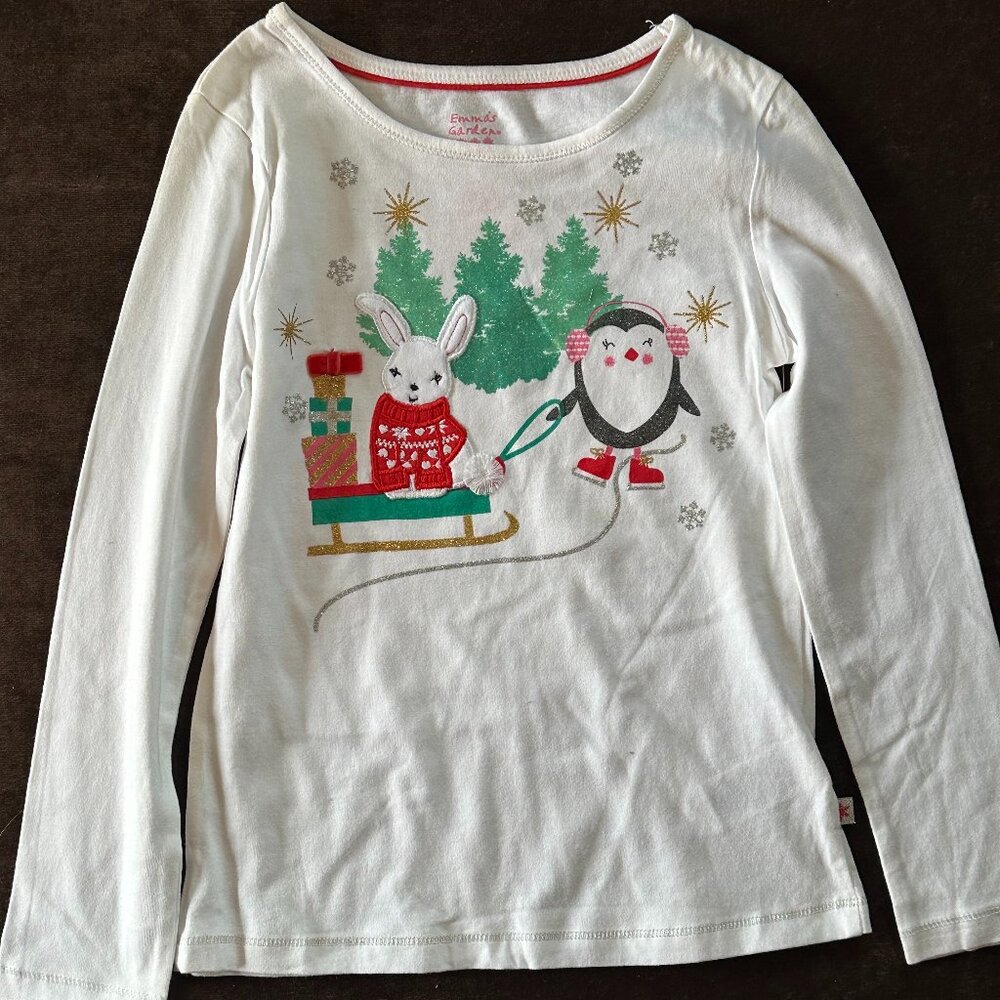 Emma’s Garden Girls White Gold Christmas Tree Embellished Party Shirt M (5-6)